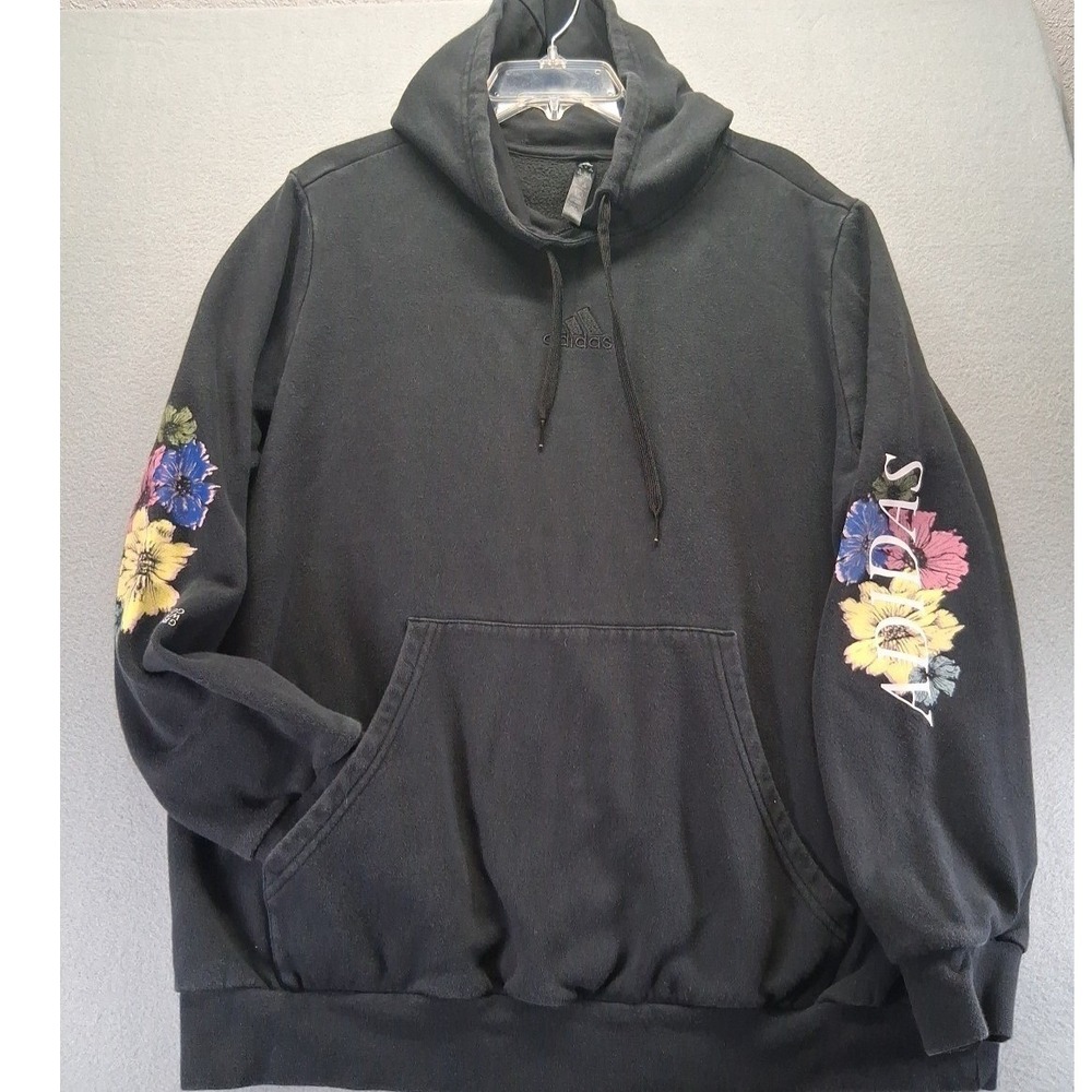 Adidas Womens Floral Graphic Sleeve Hoodie Black Pullover Sweatshirt 1X 0323